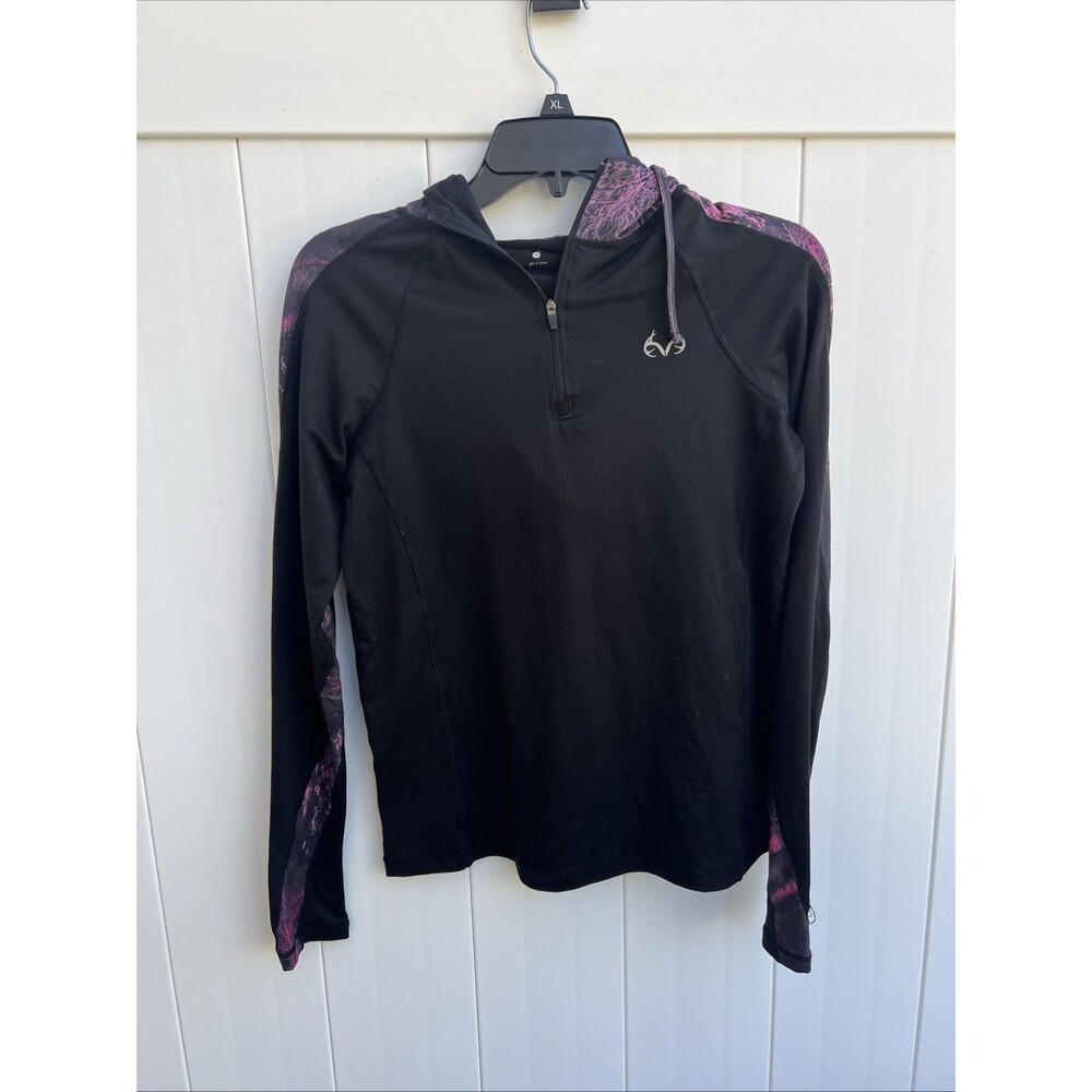 Realtree Hoodie Women’s Small 1/4 Zip Black Pink Camo